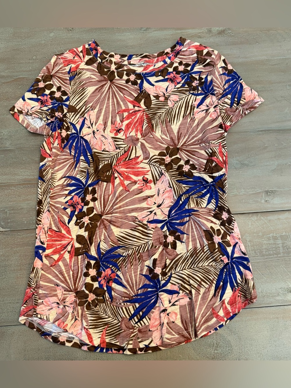 Blue Sol Womens Short Sleeve Round Neck Floral Tropical  Top Sz S Preowned